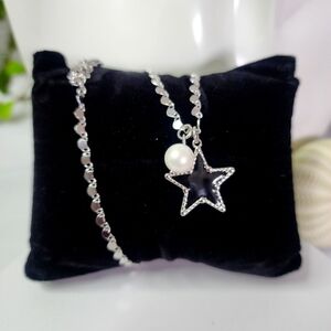 White Gold Chain with Black Star and Pearl Charm Necklace